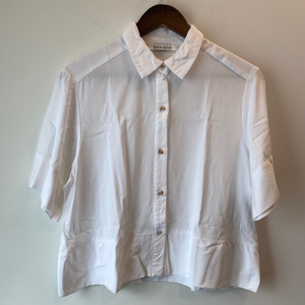 Rose + Olive Shirt Women M White Button Down Short Sleeve Rayon Top Business